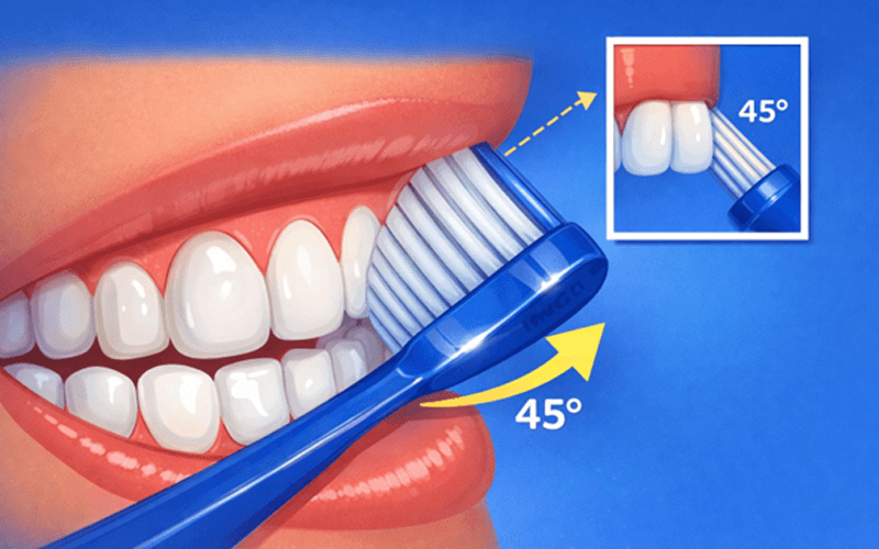 Illustration showing a toothbrush angled at 45 degrees towards the gumline